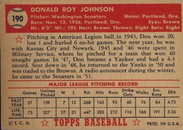 1952 Topps #190 Don Johnson Back