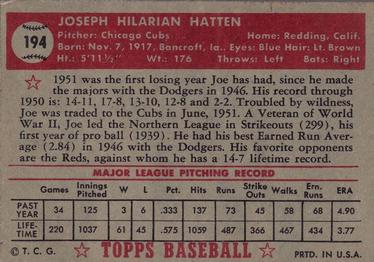 1952 Topps #194 Joe Hatten Back