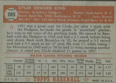 1952 Topps #205 Clyde King Back