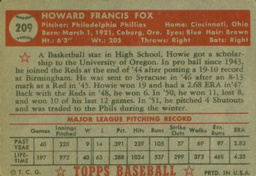 1952 Topps #209 Howie Fox Back