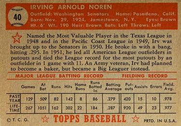 1952 Topps #40 Irv Noren Back