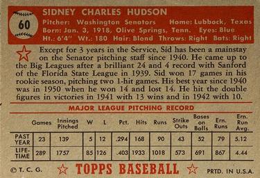 1952 Topps #60 Sid Hudson Back