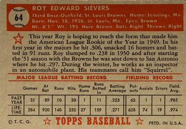 1952 Topps #64 Roy Sievers Back