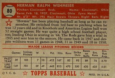1952 Topps #80 Herman Wehmeier Back