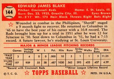 1952 Topps #144 Ed Blake Back