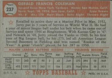 1952 Topps #237 Jerry Coleman Back
