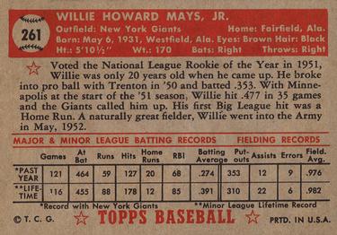 1952 Topps #261 Willie Mays Back