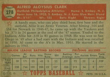1952 Topps #278 Allie Clark Back