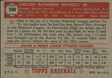1952 Topps #288 Chet Nichols Back