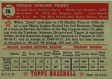 1952 Topps #28 Jerry Priddy Back