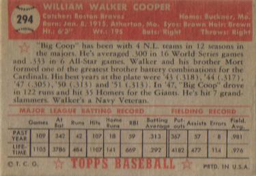 1952 Topps #294 Walker Cooper Back