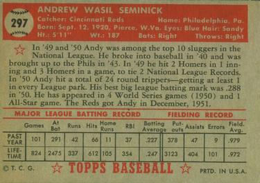 1952 Topps #297 Andy Seminick Back