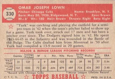 1952 Topps #330 Turk Lown Back