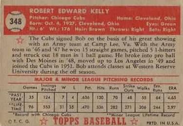 1952 Topps #348 Bob Kelly Back