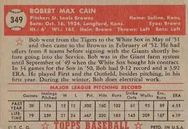 1952 Topps #349 Bob Cain Back
