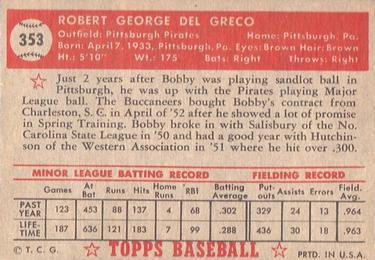 1952 Topps #353 Bob Del Greco Back