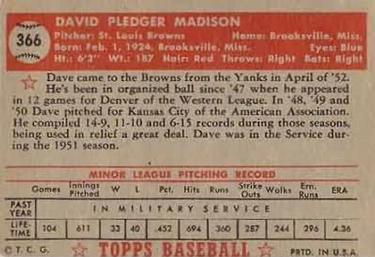 1952 Topps #366 Dave Madison Back