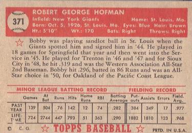1952 Topps #371 Bobby Hofman Back