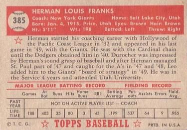 1952 Topps #385 Herman Franks Back