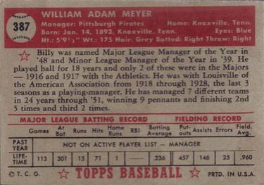 1952 Topps #387 Billy Meyer Back