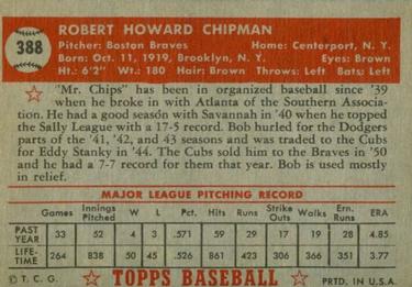 1952 Topps #388 Bob Chipman Back