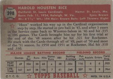 1952 Topps #398 Hal Rice Back