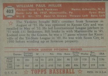 1952 Topps #403 Bill Miller Back