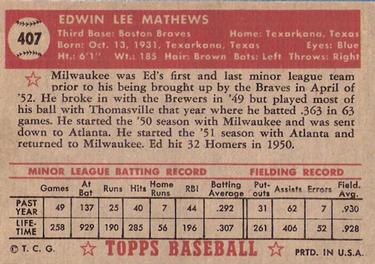 1952 Topps #407 Ed Mathews Back