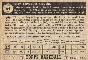 1952 Topps #64 Roy Sievers Back