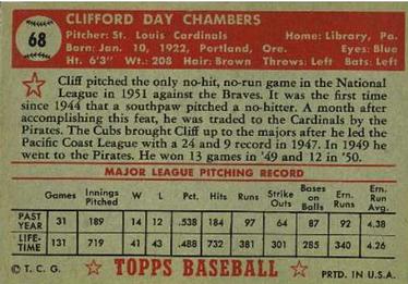 1952 Topps #68 Cliff Chambers Back