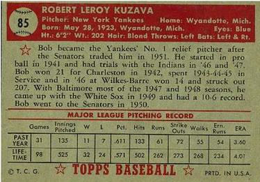1952 Topps #85 Bob Kuzava Back