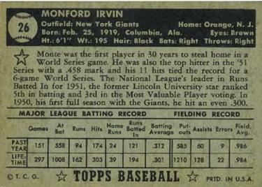1952 Topps #26 Monte Irvin Back