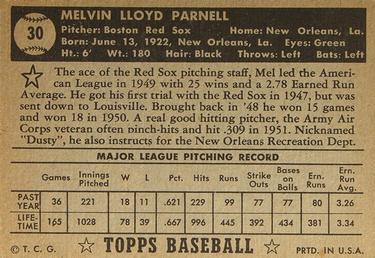 1952 Topps #30 Mel Parnell Back
