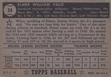 1952 Topps #34 Elmer Valo Back