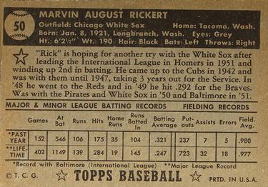1952 Topps #50 Marv Rickert Back