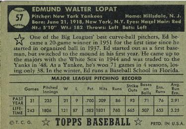 1952 Topps #57 Ed Lopat Back