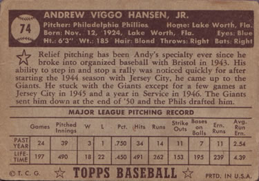 1952 Topps #74 Andy Hansen Back
