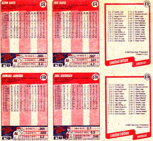 1990 Fleer - Cello Box Bottom Panels #C17/C4/C5/C18/C14/C16 New York Mets Logo / Eric Davis / Glenn Davis / St. Louis Cardinals Logo / Orel Hershiser / Howard Johnson Back