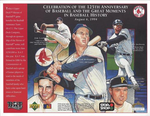 1994 Upper Deck Heroes of Baseball Sheets #NNO Jim Lonborg / Ted Williams / Reggie Jackson / Bobby Thomson / Bill Mazeroski Front