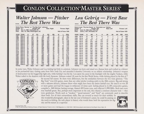 1993 Conlon Collection Black & White Masters #3 Walter Johnson / Lou Gehrig Back