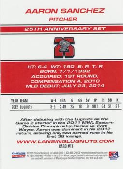 2020 Choice Lansing Lugnuts 25th Anniversary #11 Aaron Sanchez Back
