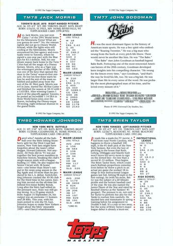 1992 Topps Magazine - Panels #TM 77-80 John Goodman as B. Ruth / Jack Morris / Brien Taylor / Howard Johnson Back
