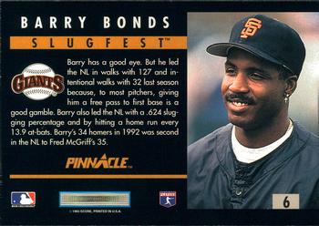 1993 Pinnacle - Slugfest #6 Barry Bonds  Back