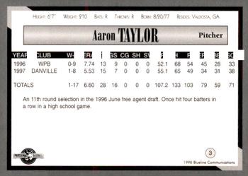 1998 Blueline Q-Cards Danville Braves #3 Aaron Taylor Back