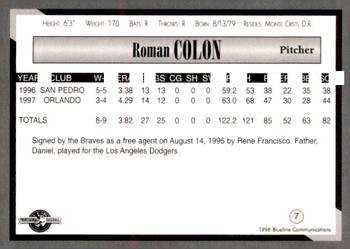 1998 Blueline Q-Cards Danville Braves #7 Roman Colon Back