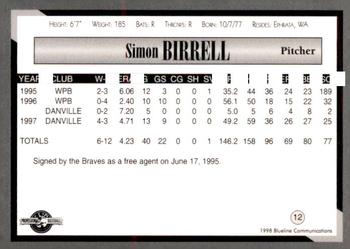1998 Blueline Q-Cards Danville Braves #12 Simon Birrell Back