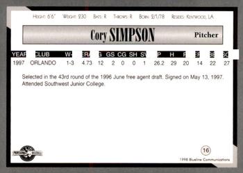 1998 Blueline Q-Cards Danville Braves #16 Cory Simpson Back
