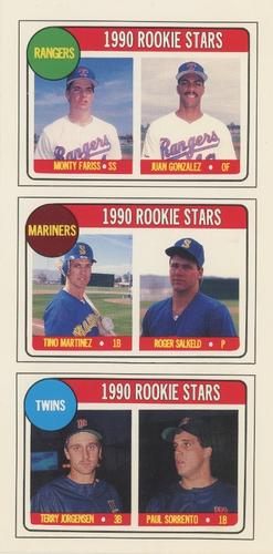1990 Baseball Cards Magazine '69 Topps Repli-Cards - Panels #52-54 Rangers Rookies (Monty Fariss / Juan Gonzalez) / Mariners Rookies (Tino Martinez / Roger Salkeld) / Twins Rookies (Terry Jorgensen / Paul Sorrento) Front