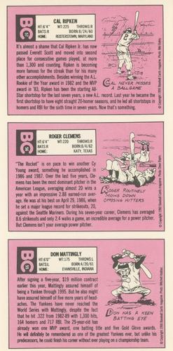 1990 Baseball Cards Magazine '69 Topps Repli-Cards - Panels #55-57 Don Mattingly / Roger Clemens / Cal Ripken Back