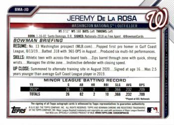 2021 Bowman - Chrome Prospect Autographs Mojo Refractor #BMA-JD Jeremy De La Rosa Back